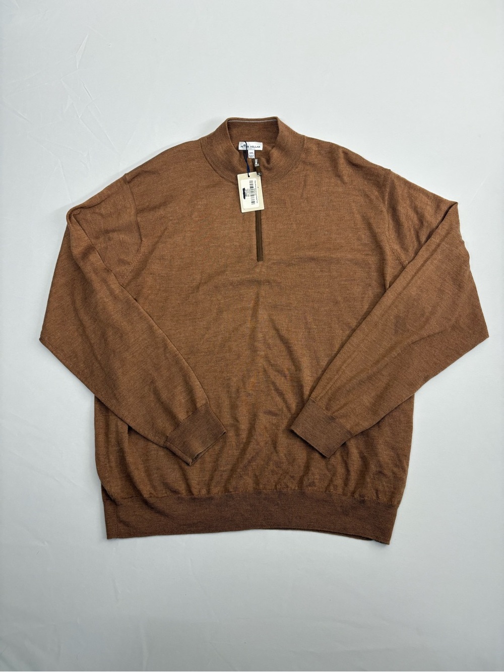 Peter Millar Autumn Crest Men’s XXL Quarter Zip Sweater Brown Suede Trim Merino